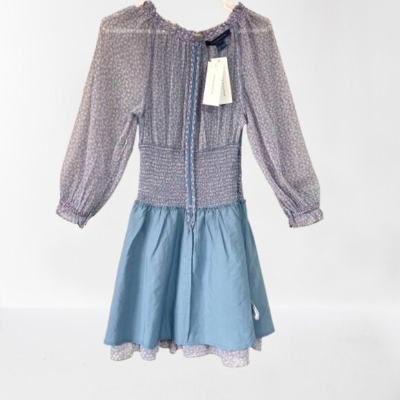 NEW French Connection Sheer Smocked Waist Tiered-Skirt Blue Dress - Picture 15 of 16